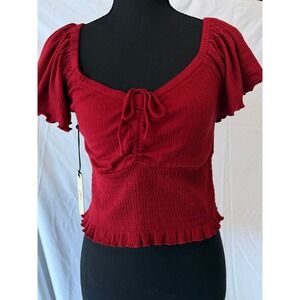 Idyllwind Fueled by Miranda Lambert Dark Red Flutter Sleeve Smocked Crop Top XS